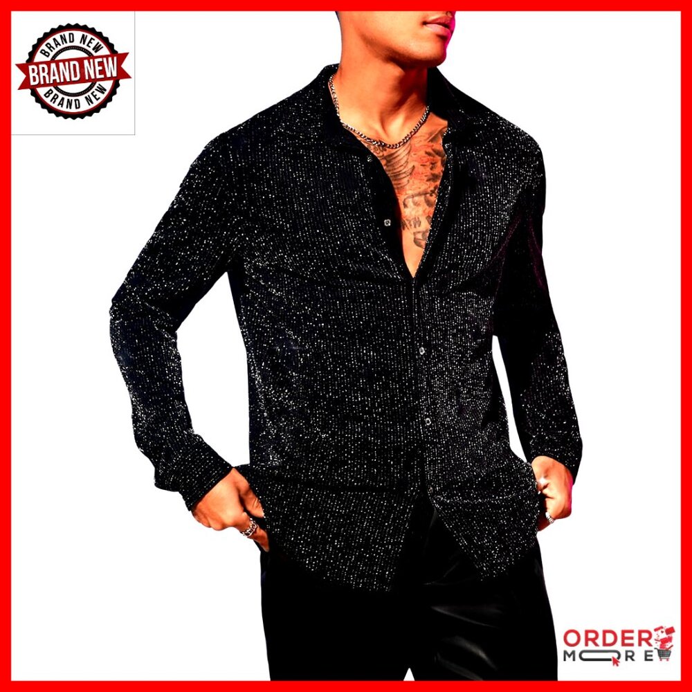 Men's Glitter Button Down Shirt Long Sleeve Party Top Regular Fit